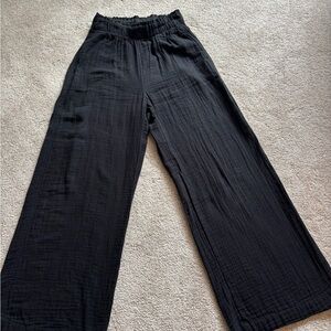 Black crinkle cotton gauze wide leg pant
